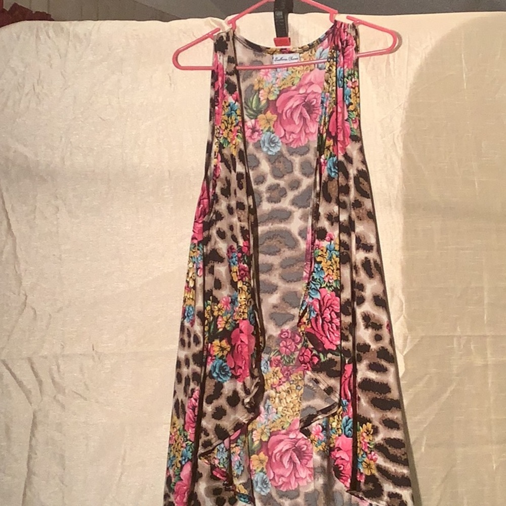 Pink and Blue Sleeveless Open Vest/ Cardigan with Floral Animal Print